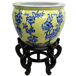 Blue And Yellow Floral Porcelain Fishbowl Planter With Stand