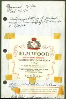 Elmwood Whiskey label Wethersfield Package CT 1952 Entertainment Collectibles