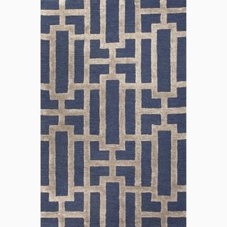Hand made Geometric Pattern Blue/ Tan Wool/ Art Silk Rug (8x11)