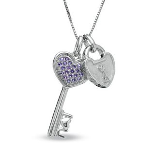 Heart Shaped Amethyst and Diamond Accent Key and Lock Pendant in