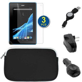 BIRUGEAR Black Neoprene Zipper Storage Carrying Case plus USB Car & Wall Charger Adapters, Retractable USB Cable, 3pcs Screen Protectors for Acer Iconia B1 A71 New 7 inch Andriod Tablet Cell Phones & Accessories