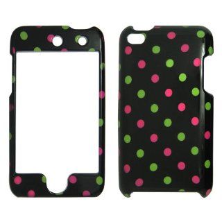 Apple iPod Touch 4 iTouch 4G   Pink and Green Small Polka dots on Black Plastic Case, SnapOn, Protector, Cover Cell Phones & Accessories
