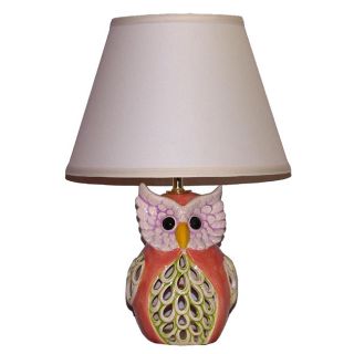 Peach With Green Owl Lamp With Linen Shade