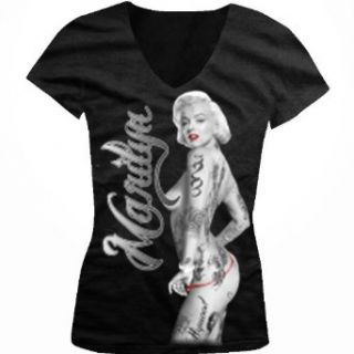 Sexy Red Thong Marilyn Monroe Ladies Junior Fit V neck T shirt, Gangsta Marilyn Monroe With Tattoos Thong Design Junior's V Neck Tee Clothing