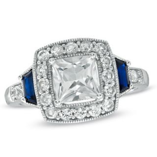 Princess Cut Lab Created White and Blue Sapphire Frame Ring in
