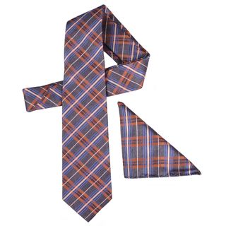 Vance Mens Plaid Silk Touch Brown/orange/blue Microfiber Tie And Hanky Set
