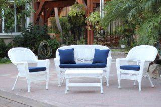 4pc White Wicker Conversation Set   Blue Cushions  Outdoor And Patio Furniture Sets  Patio, Lawn & Garden