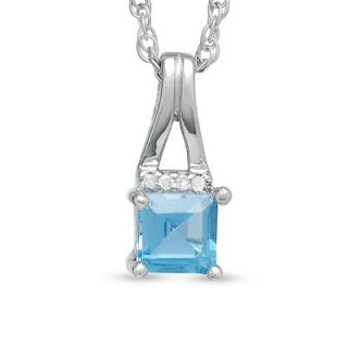 Square Blue Topaz Birthstone Pendant in Sterling Silver with Diamond