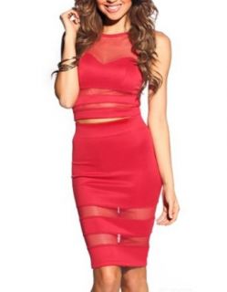 Womens Sexy Red Mesh High Waisted Cropped Top Two Pieces Bandage Bodycon Dress