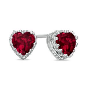0mm Heart Shaped Lab Created Ruby Crown Earrings in Sterling Silver