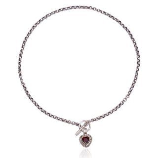 Sterling Silver Genuine Garnet and Oxidized Heart Necklace, 17" Jewelry