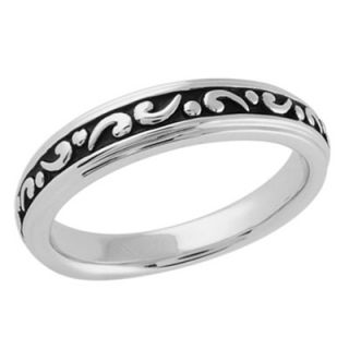 Ladies Scrolled Wedding Band in Sterling Silver with Black Enameling
