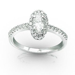 IGI Certified 1/2 Carat Single Row Halo Diamond Engagement Ring Oval Cut/Shape Center Stone (D E Color, VS2 SI1) Jewelry