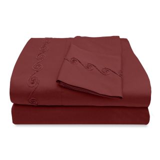 Veratex Grand Luxe Egyptian Cotton Sateen 500 Thread Count Deep Pocket Sheet Set With Chenille Embroidered Swirl Design Merlot Size Twin