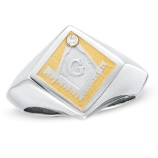 Mens Diamond Accent Masonic Ring in Stainless Steel and 10K Gold