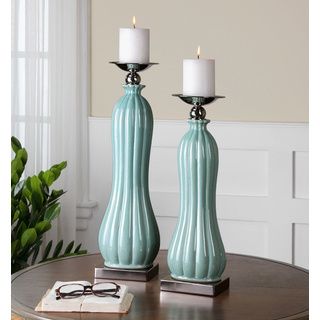 Kantha Blue Green Ceramic Candleholders (set Of 2)