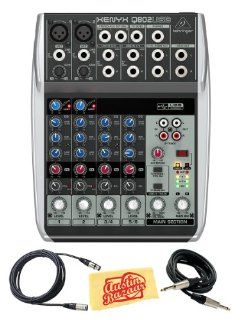 Behringer Xenyx Q802USB Premium 8 Input 2 Bus Mixer Bundle with XLR Cable, Instrument Cable, and Polishing Cloth Musical Instruments