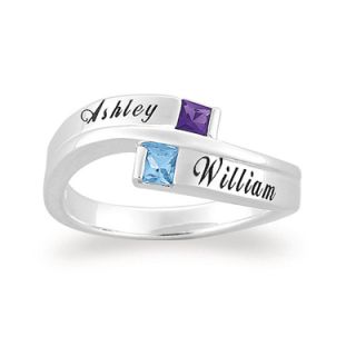 Sterling Silver Couples Princess Birthstone Ring (2 Stones and Names