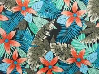 45" Red Plumeria Foliage in Black Original Hawaiian Islands 100% Cotton Print Fabric By the Yard