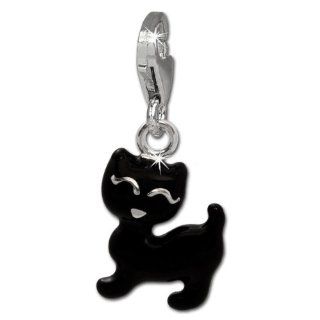 SilberDream Charm cat black enameled, 925 Sterling Silver Charms Pendant with Lobster Clasp for Charms Bracelet, Necklace or Earring FC828S SilberDream Jewelry