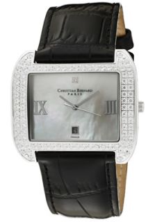 Christian Bernard XA359KWD  Watches,Mens Intimate White Cubic Zirconia White MOP Dial Black Leather, Casual Christian Bernard Quartz Watches