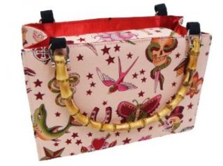 US HANDMADE FASHION Skulls Tattoo Day of the Dead Rockabilly USA Handmade handbag purse with bamboo handle Alexander Henry fabrics, PINK COLOR, BX BAMBOO1153 Top Handle Handbags Clothing