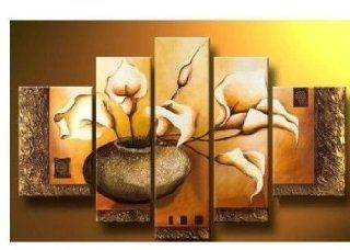 100% Hand painted Wood Framed Wall Art Weak Yellow Lily Bottle Home Decoration Abstract Floral Oil Painting on Canvas 5pcs/set Mixorde   Wooden Wall Decorations
