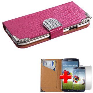 Samsung Galaxy S4 i9500   One Piece Flip/Fold Over Wallet ID Holder Case Cover, Pink + LCD Clear Screen Saver Protector Cell Phones & Accessories