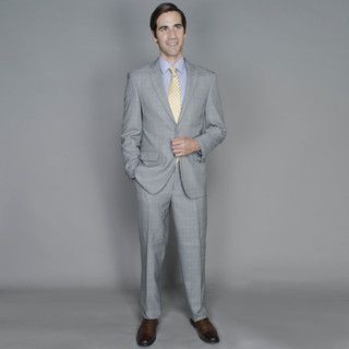 Mens Grey Windowpane Two button Suit With Four Interior Pockets