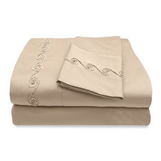 Veratex Grand Luxe 300 Thread Count Egyptian Cotton Sateen Sheet Set With Chenille Embroidered Swirl Design Taupe Size Twin