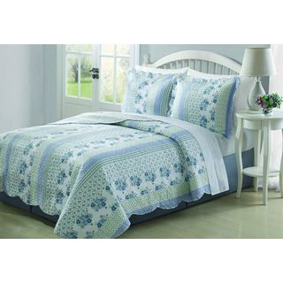 Private Label Bonnie Blue/white Floral 3 piece Quilt Set Blue Size King