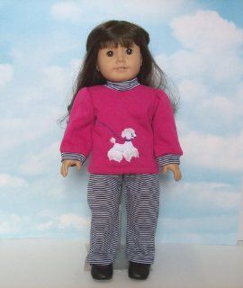 Magenta Top with Embroidered Dog, Black and White Striped Pants. Fits 18" Dolls like American Girl 