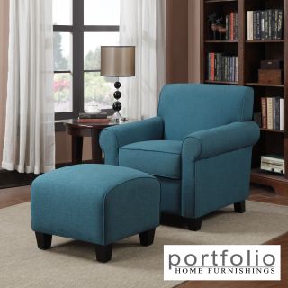 Portfolio Mira Caribbean Blue Linen Arm Chair And Ottoman