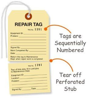 Repair Tag, Equipment ID, Manila 10pt Cardstock Tag with Stub, 100 Tags / Pack, 2.875" x 5.75"  Blank Labeling Tags 