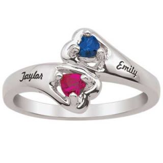 Couples Heart Shaped Birthstone Ring in Sterling Silver (2 Names