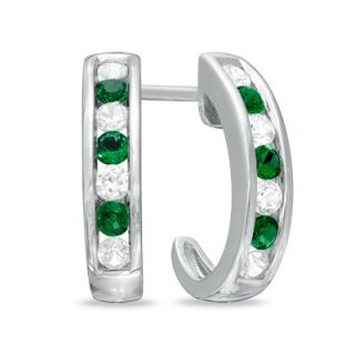 Lab Created Emerald and White Sapphire J Hoop Earrings in Sterling