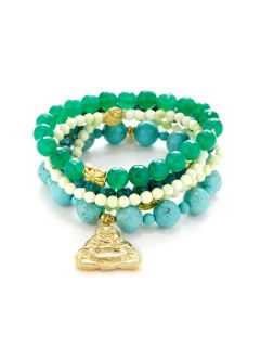 Set of 5 Laughing Buddha, Turquoise, & Semi Precious Stone Stretch Bracelets by Good Charma
