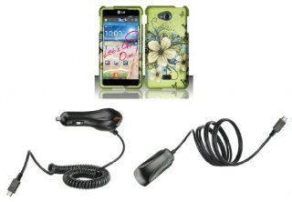 LG Spirit 4G MS870   Accessory Combo Kit   Green Hibiscus Butterfly Flower Design Shield Case + Atom LED Keychain Light + Wall Charger + Car Charger Cell Phones & Accessories
