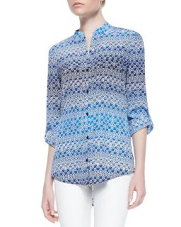 Womens Gilmore Printed Long Sleeve Blouse, Moroccan Lace Blue   Diane von