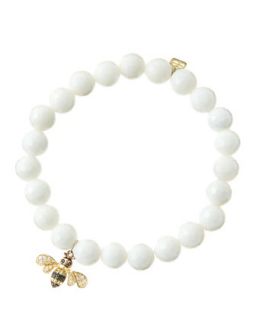 8mm Faceted White Agate Beaded Bracelet with 14k Gold/Diamond Bee Charm (Made