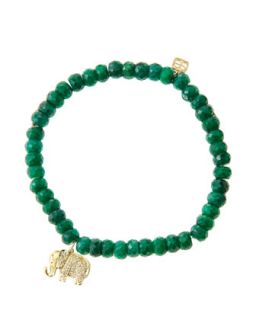 6mm Faceted Emerald Beaded Bracelet with 14k Gold/Diamond Small Elephant Charm