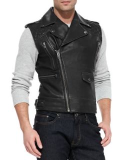 Mens Jagger Asymmetrical Quilted Leather Vest, Black   Andrew Marc x Richard