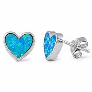 Lab Created Blue Opal Heart .925 Sterling Silver Earrings Jewelry