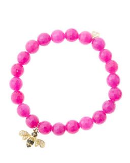 8mm Faceted Fuchsia Agate Beaded Bracelet with 14k Gold/Diamond Bee Charm (Made