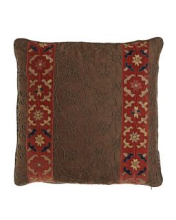 Carob Pillow with Crochet Detail & Persimmon Band Appliques, 22Sq.  