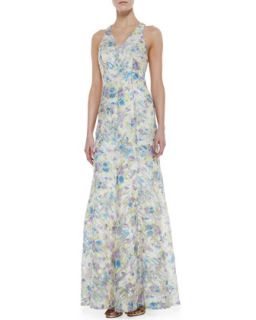Womens Sleeveless Sequined Floral Print Gown, Ivory/Multicolor   Phoebe by Kay
