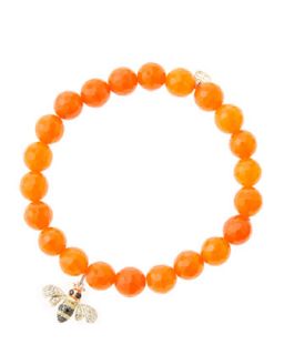 8mm Faceted Orange Agate Beaded Bracelet with 14k Gold/Diamond Bee Charm (Made
