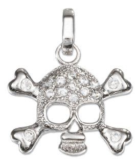 Sterling Silver 16x21mm Pave Set Skull with Cubic Zirconia Crossbones Pendant Charms Jewelry