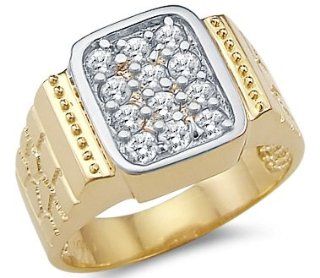 Solid 14k Yellow Gold Large Mens Nugget CZ Cubic Zirconia Band Ring Jewelry