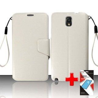 Samsung Galaxy Note 3 N9000   One Piece Synthetic Leather Flip/Fold Over Wallet Case Cover w. Lanyard, White + SCREEN PROTECTOR Cell Phones & Accessories